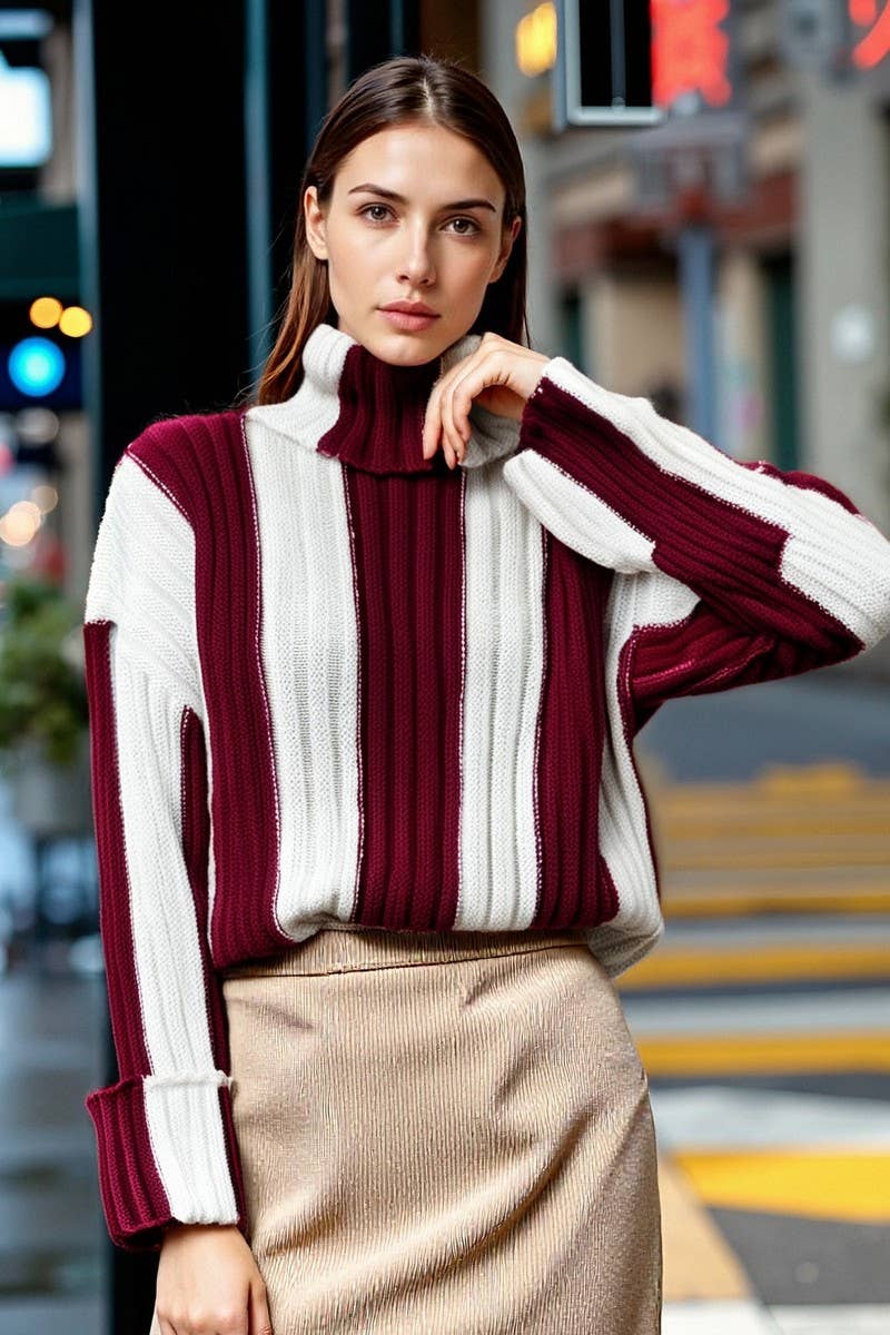 CWOSWL6947_STRIPED KNIT PATCHWORK TURTLENECK SWEATER