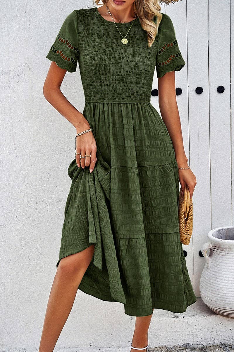 CWDSD2795_Smocking Detailed Short Sleeve Dress
