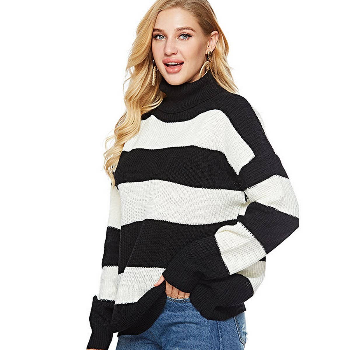 Casual striped turtleneck knit pullover