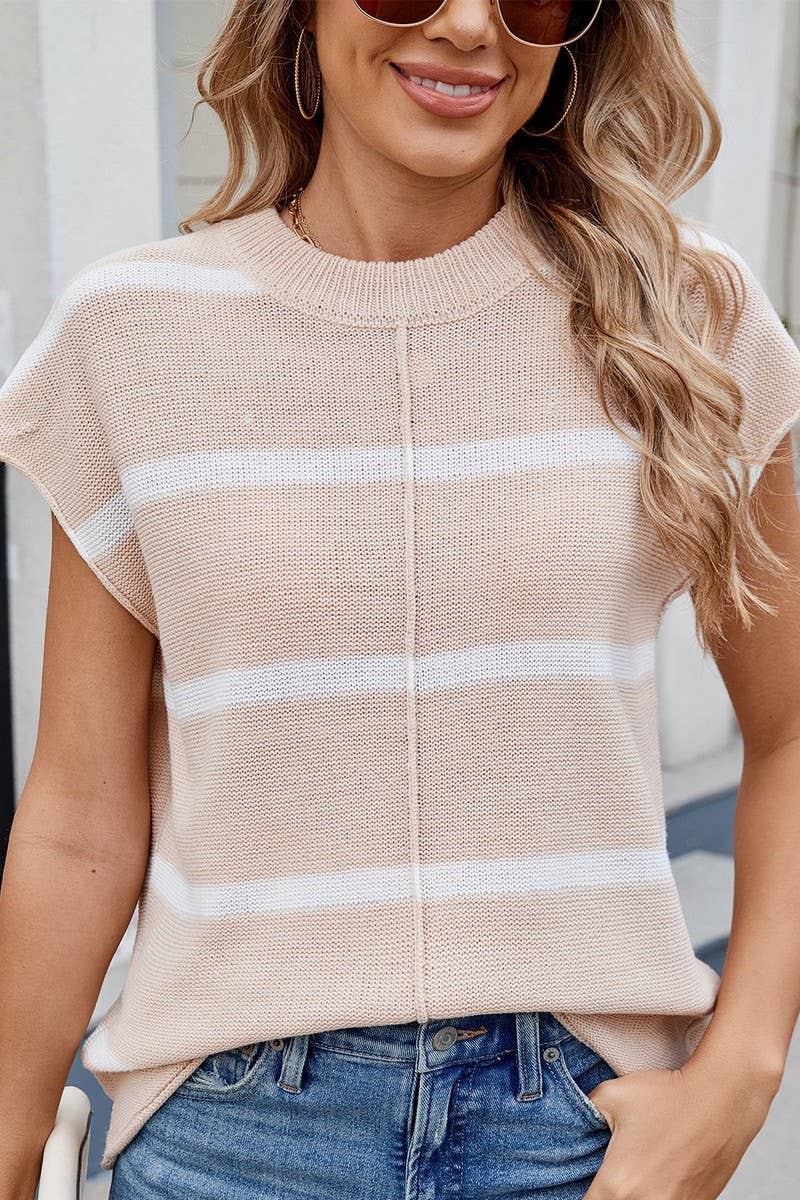 CWTBLS02499_STRIPED CREW NECK SLEEVELESS KNIT TANK