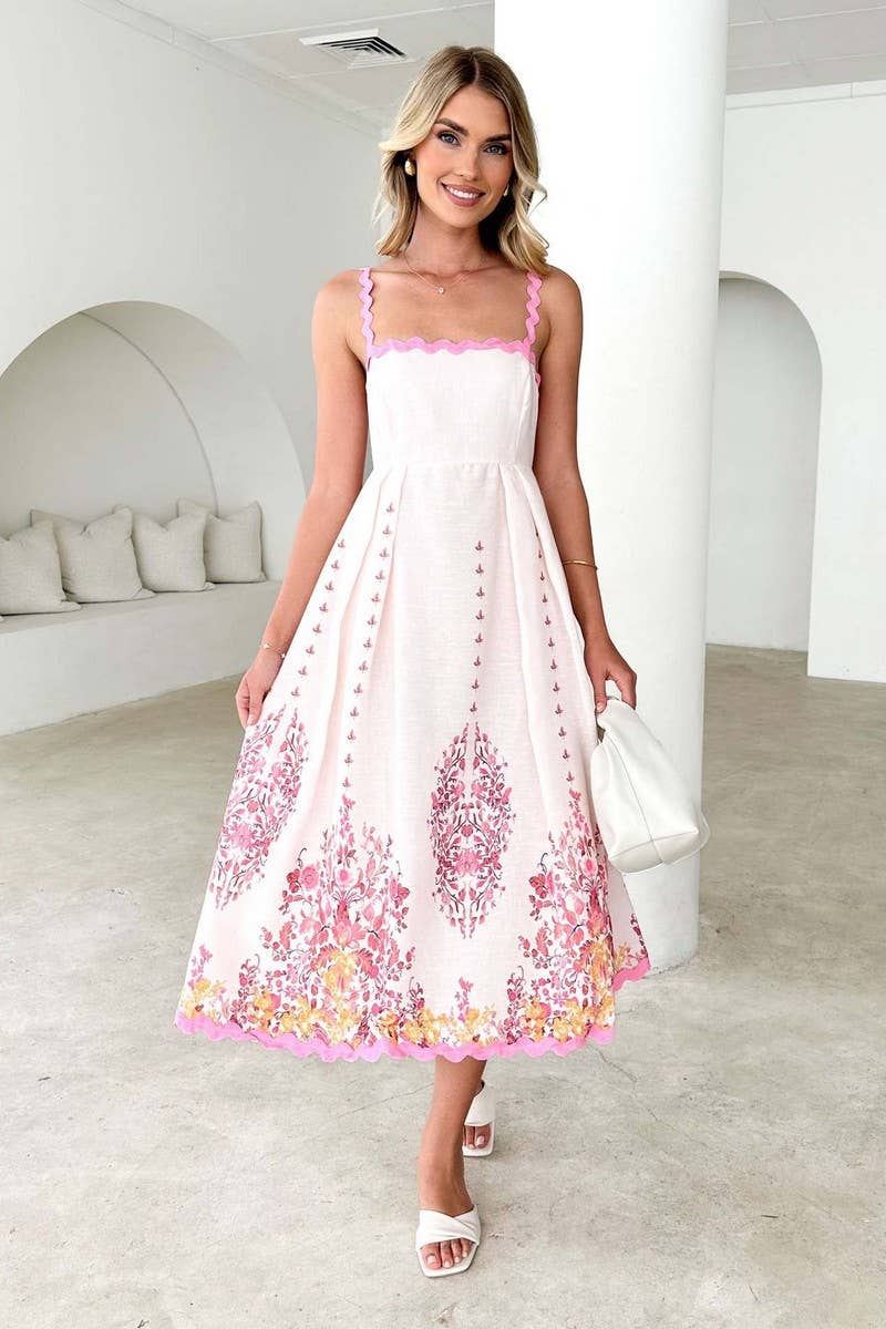 CWDMD5569_PRINTED RUFFLE HEM BACKLESS TIE STRAP DRESS