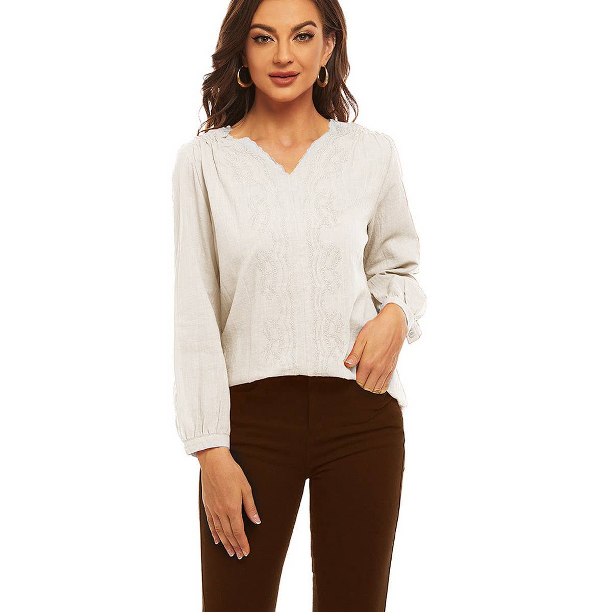 Cotton linen V-neck loose long-sleeved casual top