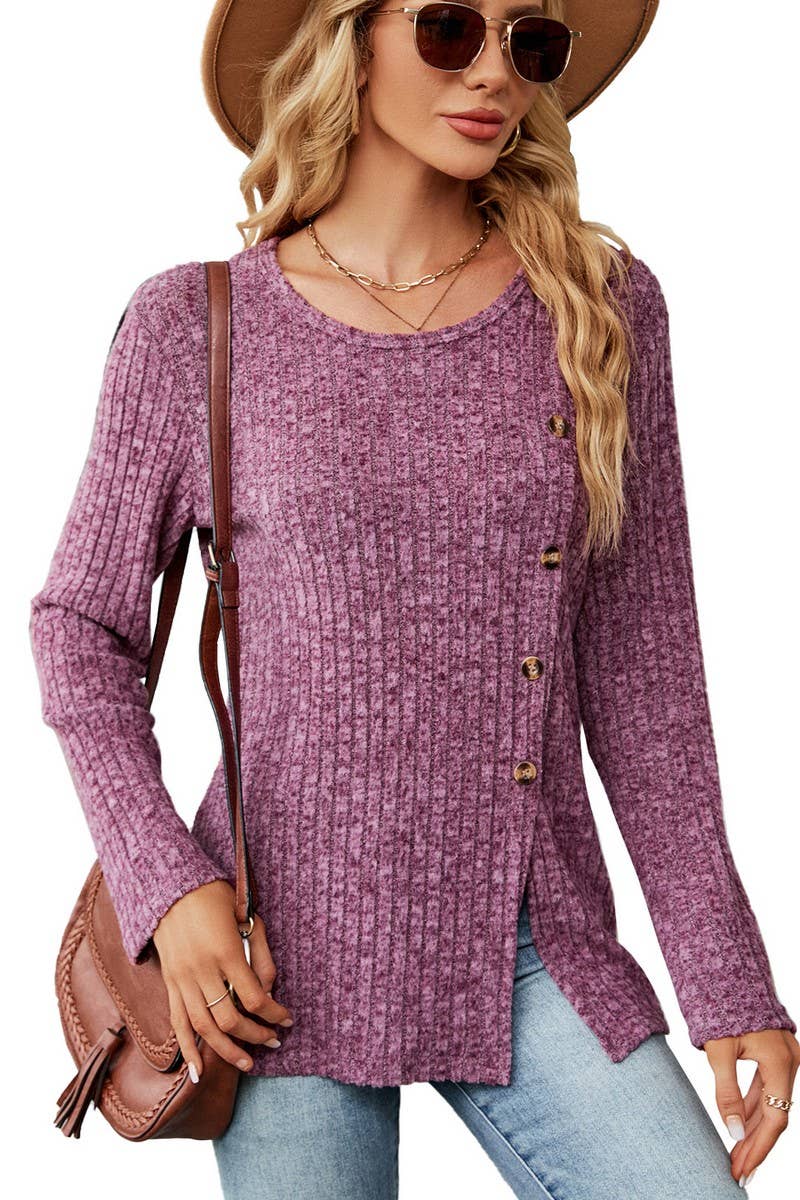 CWTBLL2408_ROUND NECK BUTTON SLIT LOOSE LONG SLEEVE TOP