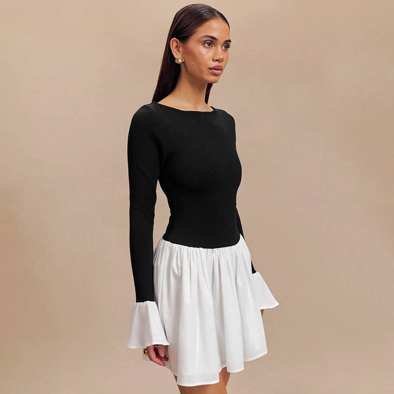 COLOR CONTRAST SPLICING SEXY LONG SLEEVE DRESS