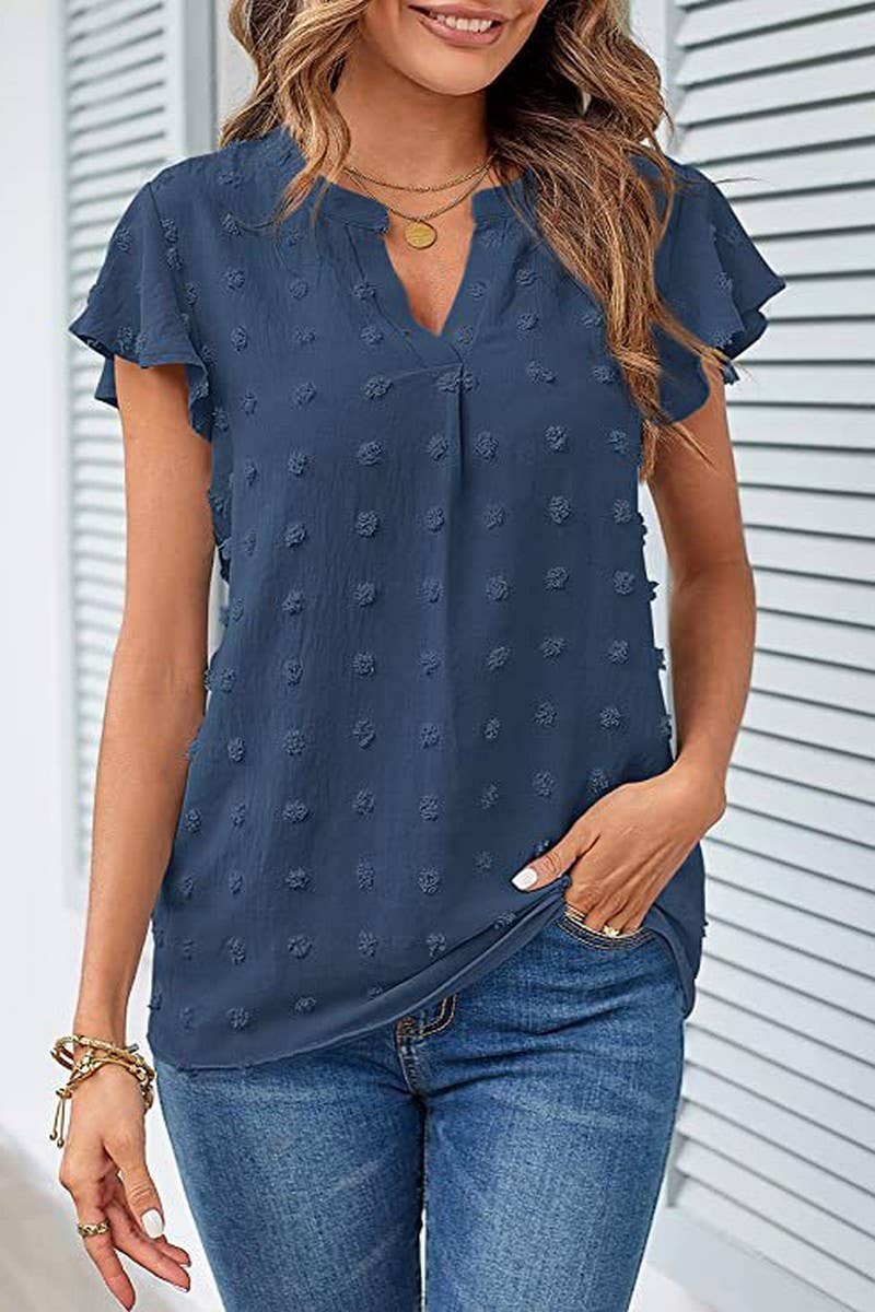 CWTBLS0606_V-NECK RUFFLED SLEEVE CHIFFON SHORT-SLEEVED TOP