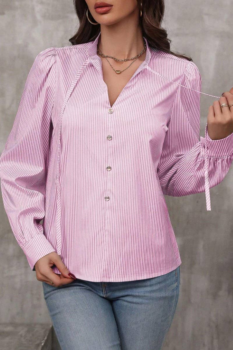 CWTSTL2886_STRIPED V-NECK TIE FRONT BUTTON LONG SLEEVE SHIRT