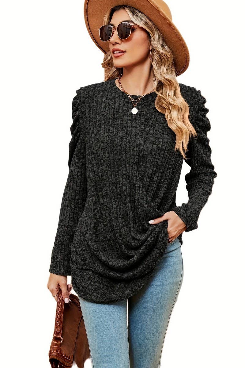CWTBLL2403_ROUND NECK LONG SLEEVE TWISTED PUFF SLEEVE TOP