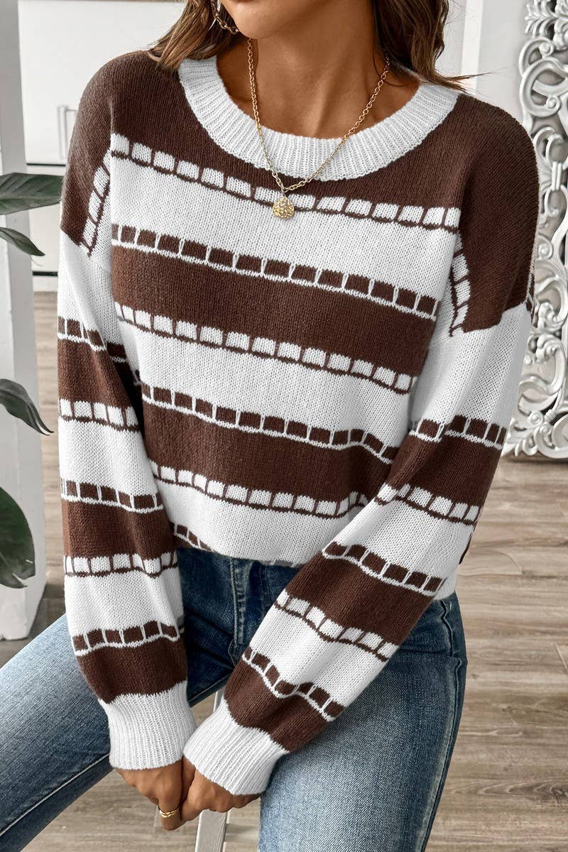 CWTTT00023_WOMEN COLORBLOCK STRIPED CASUAL KNIT PULLOVER