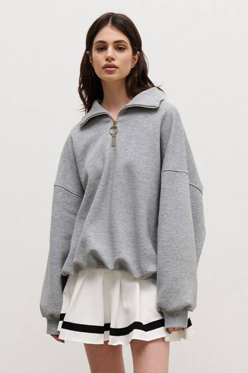 CWTBLL1670_FALL LAPEL ZIP-UP LONG-SLEEVED BAGGY TOP