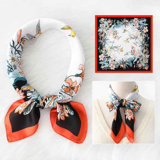 Luxury Style Floral Satin Square Scarf for Summer