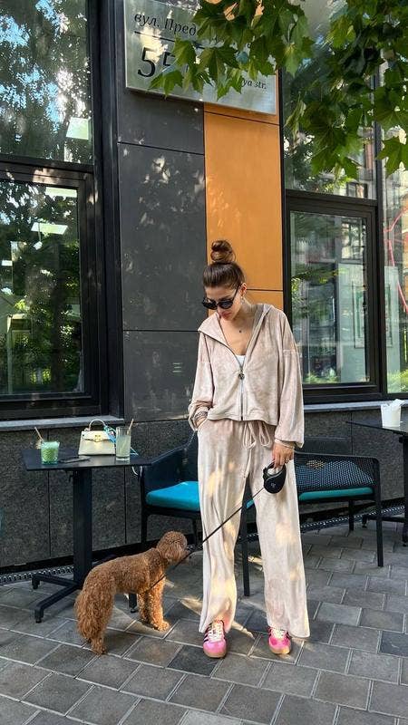 Casual velvet zipper hooded wide-leg pants set