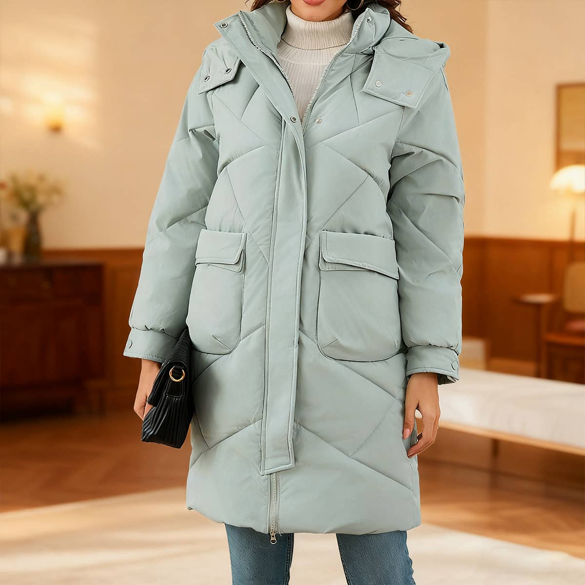 Cap keep warm medium length cotton-padded coat