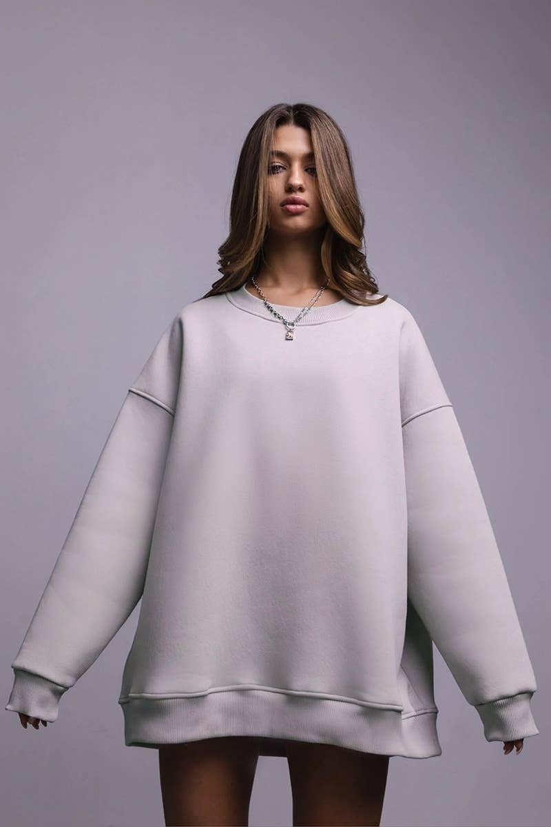 CWTBLL1669_SOLID COLOR BAGGY LONG-SLEEVED CREW-NECK TOP