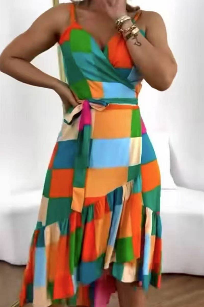 CWDSD8378_V-NECK FLORAL CAMI DRESS WITH TIE CARDIGAN