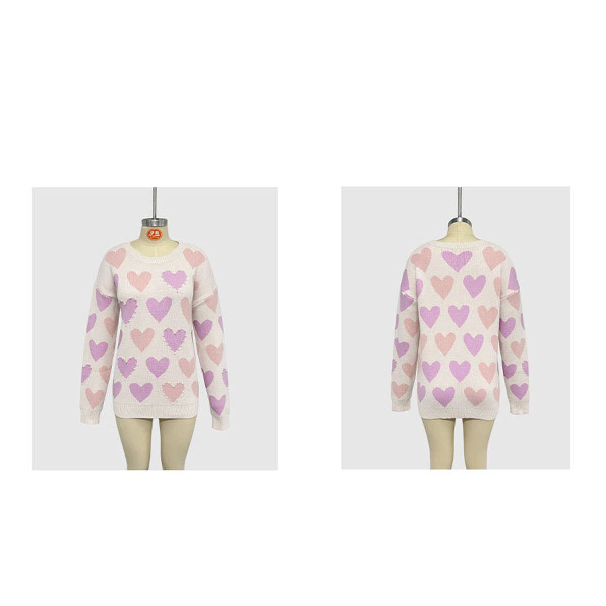 Beaded heart peach round neck pullover sweater