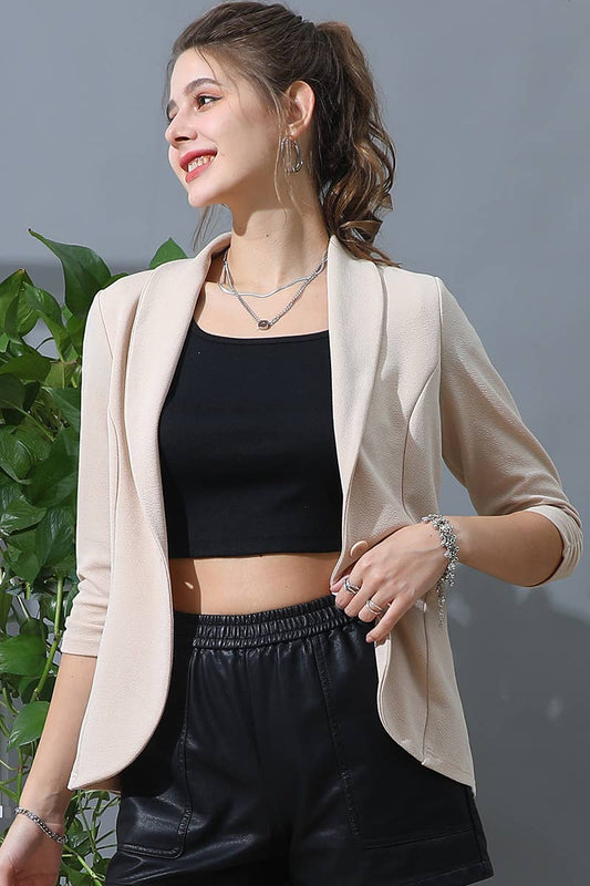CWOBL106_3/4 SLEEVE WITH SHIRRING DETAILED OPEN BLAZER