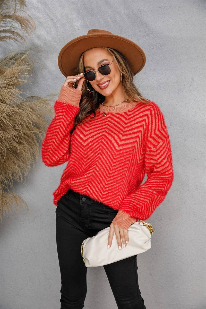 CWOSWL1707_V-neck Long Sleeve Striped Pullover Sweater