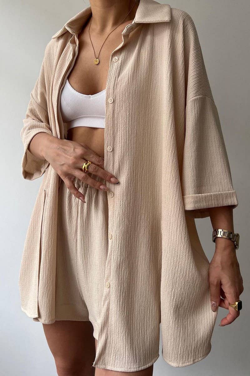 CWSTB1364_SOLID COLOR SLIT MID-SLEEVE SHIRT AND SHORTS SET