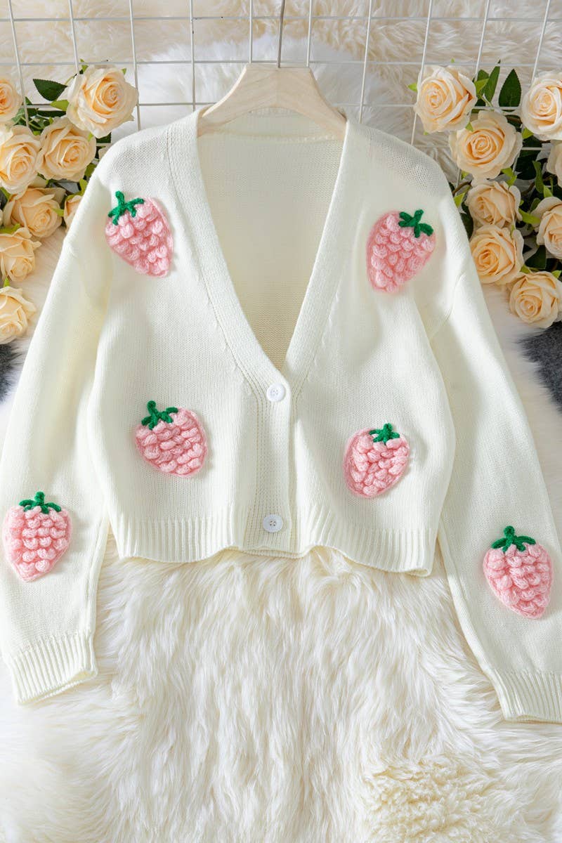 CWOCAL2353_3D STRAWBERRY PATTERN KNITTED CARDIGAN SWEATER