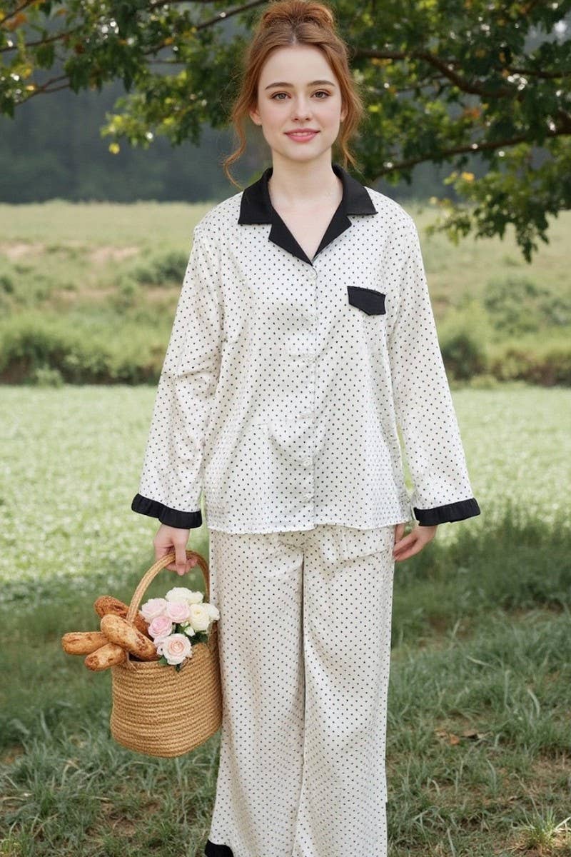 CWSPJ0421_POLKA DOT SATIN TWO-PIECE LOUNGEWEAR SET