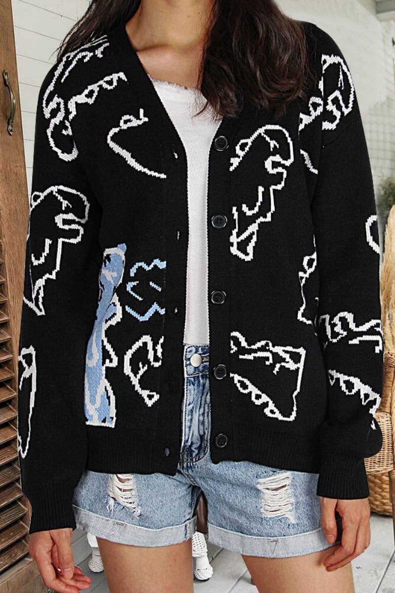 CWOCAL1574_WINTER LONGSLEEVED CARTOON DINOSAUR KNIT CARDIGAN