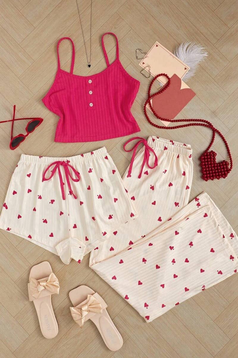 CWSPJ00476HEART PRINT RIBBED 3 PIECE CAMI PAJAMA SET