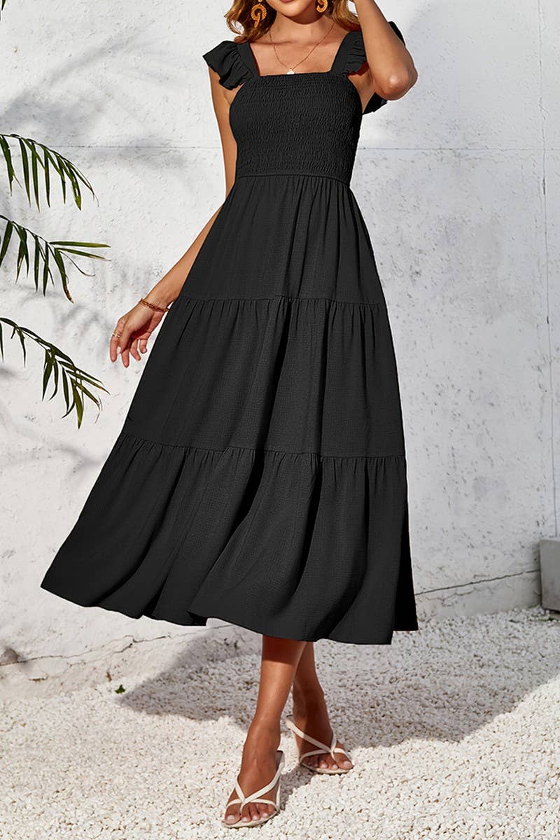 CWDHL0782_RUFFLED FLYING SLEEVES LONG FRENCH SLING DRESS