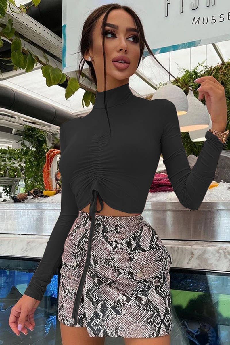 CWTBLL3773_PLEATED MIDRIFF-EXPOSED MOCK NECK LONG SLEEVE TOP