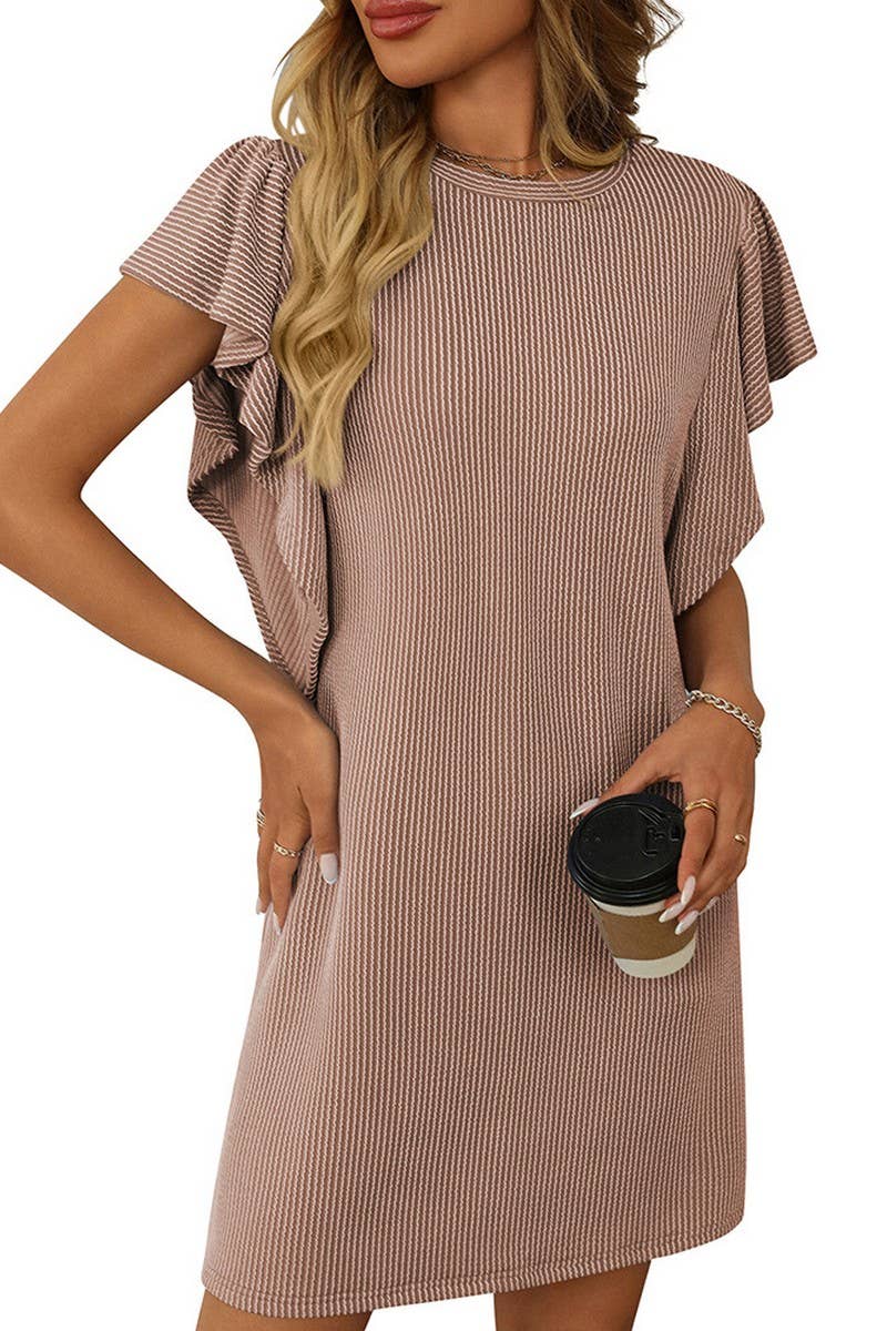 CWDSD7253_CONTRAST COLOR TWISTED RUFFLE SLEEVE MIDI DRESS