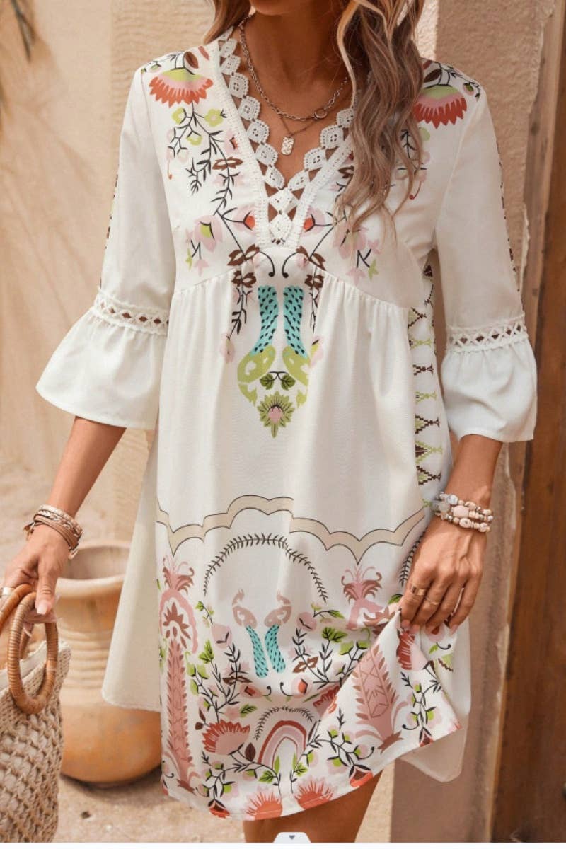 CWDSD4861_SUMMER CASUAL V-NECK LACE PATCHWORK PRINT DRESS