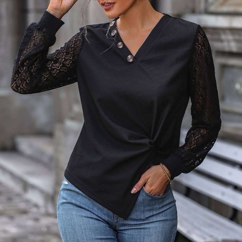 BUTTON V-NECK T-SHIRT LACE PATCHWORK KNIT TOP