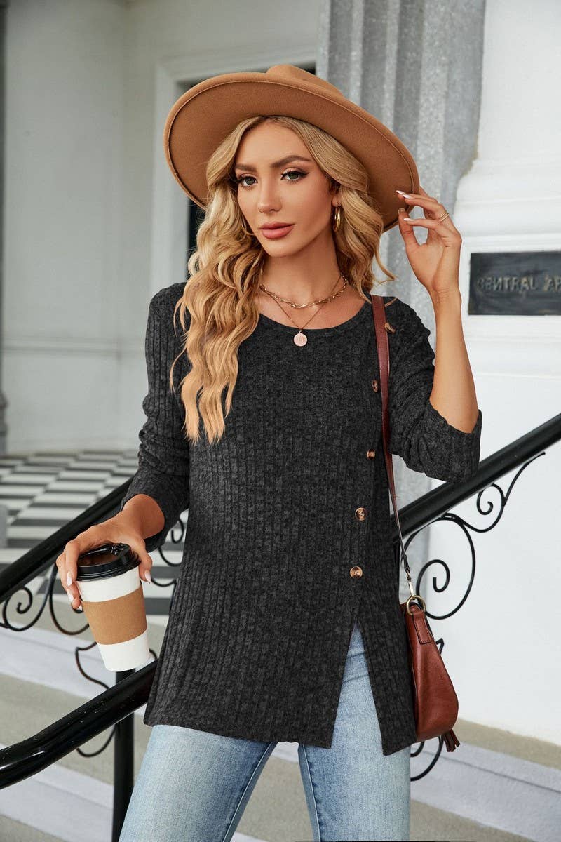 CWTBLL2408_ROUND NECK BUTTON SLIT LOOSE LONG SLEEVE TOP