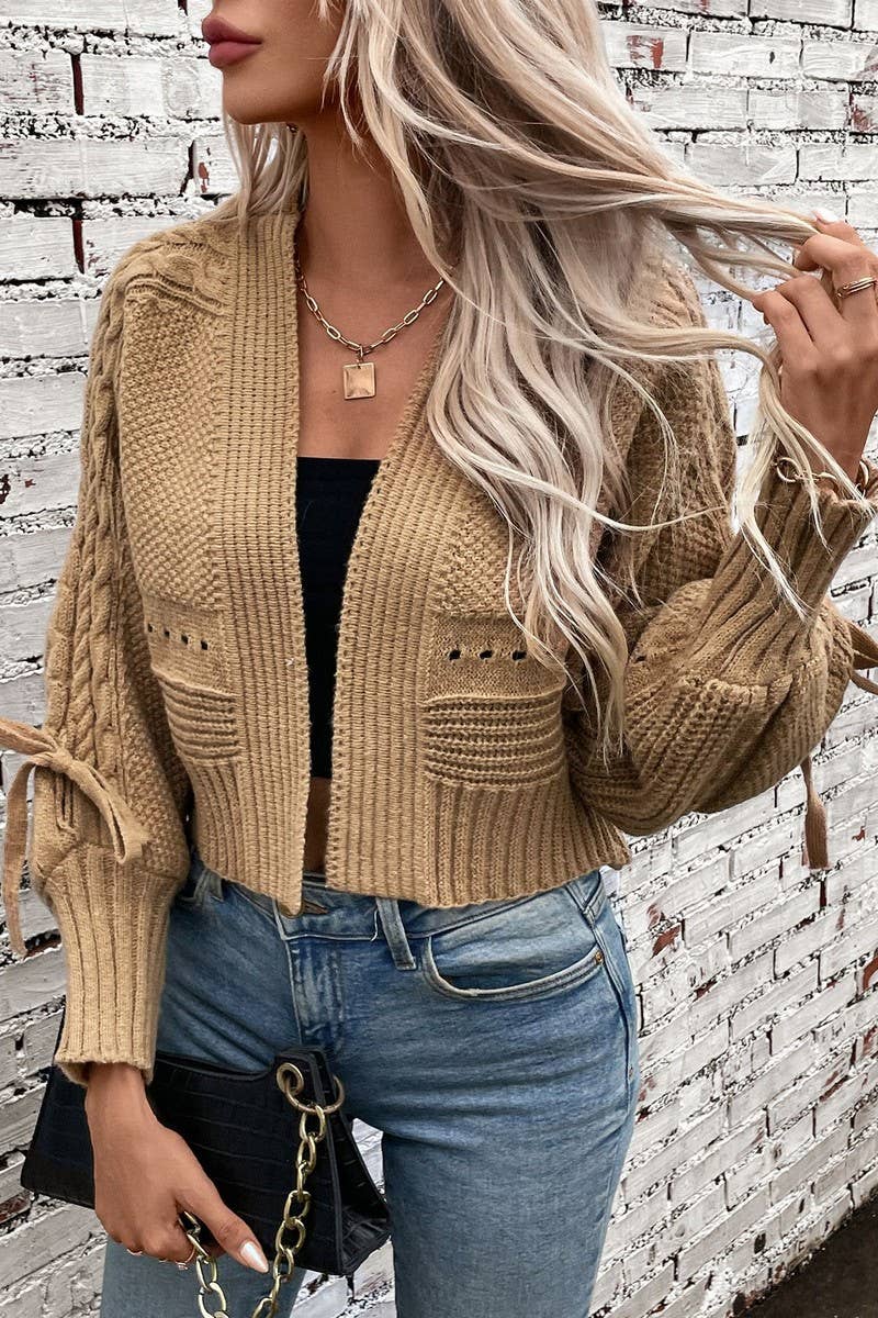 CWOCAL0850_LONG SLEEVE BOW TIE KNIT CARDIGAN SWEATER