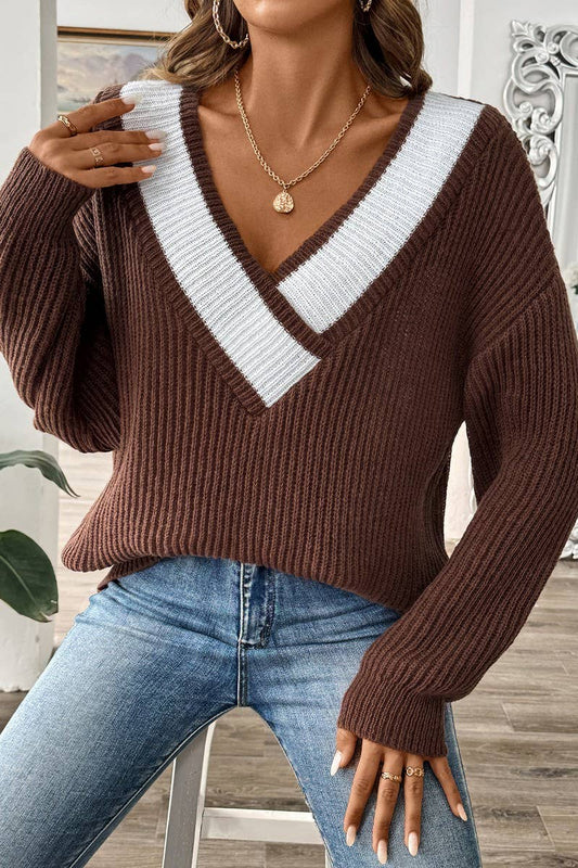 CWOSWL07340_WOMEN COLOR BLOCK V NECK LOOSE KNIT SWEATER