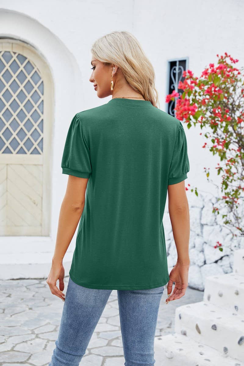 CWTBLS0880_V-NECK RUFFLED STRETCH SHORT-SLEEVED T-SHIRT