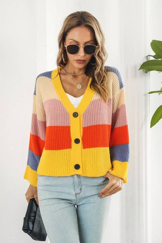 CWOCAL1224_CONTRAST RAINBOW STRIPES LOOSE KNIT CARDIGAN
