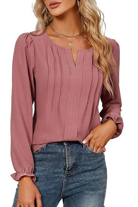CWTBLL4004_SOLID V-NECK LONG SLEEVE PLEATED CHIFFON BLOUSE