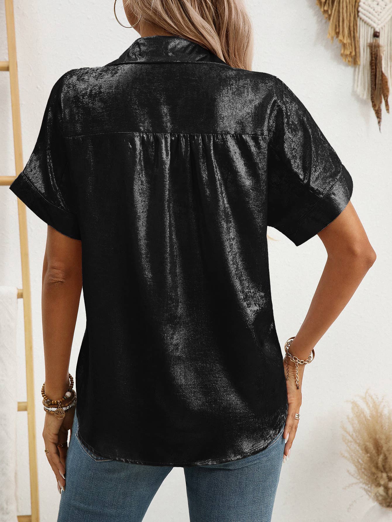 Casual loose short-sleeved lapel metallic shirt