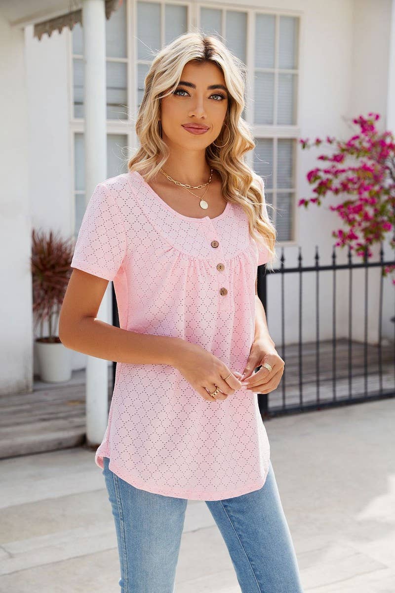 CWTBLS0435_Round Neck Short Sleeve Blouse