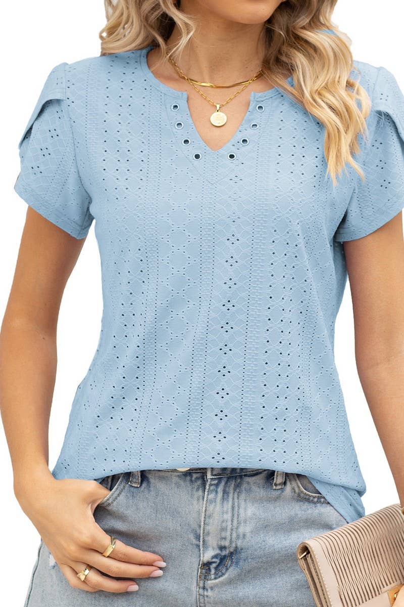CWTBLS0878_V-NECK BUTTONED CUTOUT LOOSE SHORT-SLEEVED TOP