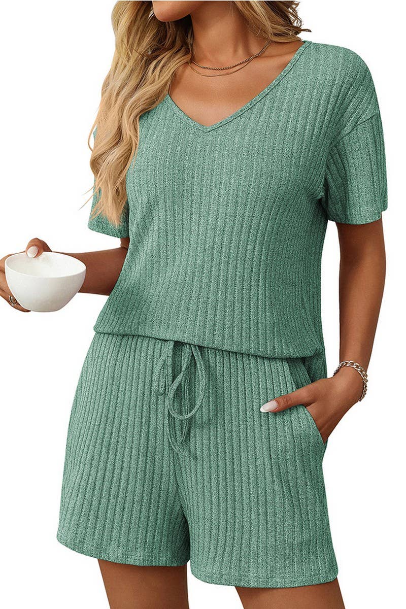 CWSTB1663_SOLID COLOR STRIPED SHORT-SLEEVED HOME WEAR SUIT