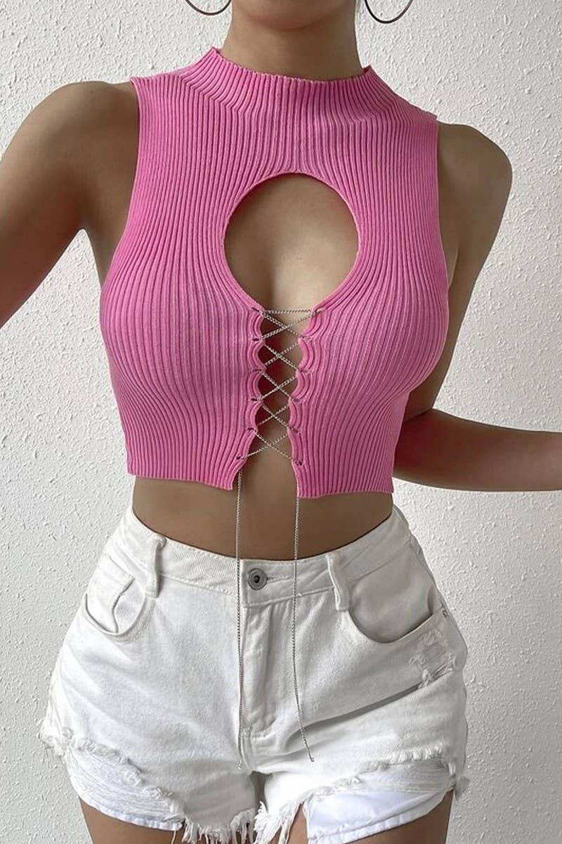 CWTTSL0367_SEXY HOLLOW STRAP SOLID COLOR SLIM FIT KNIT VEST