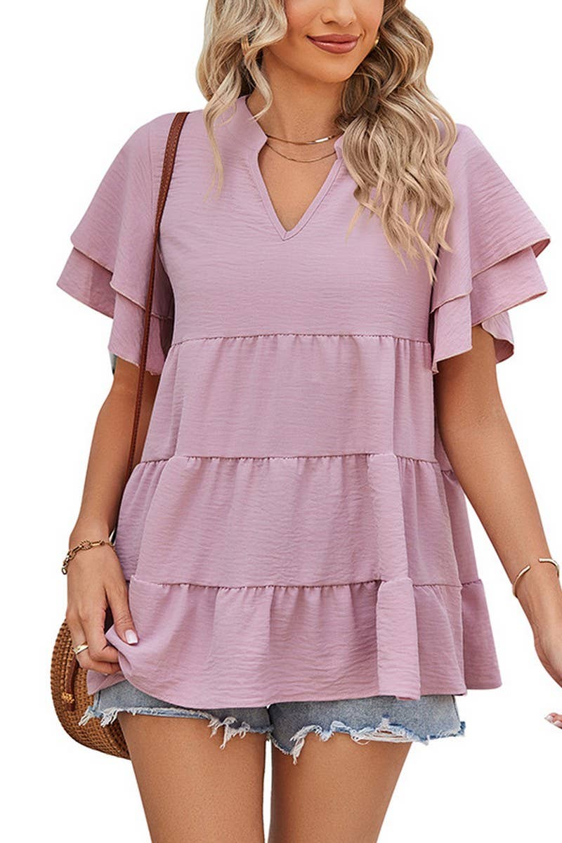 CWTBLS1602_V-NECK DOUBLE-SLEEVE SWEET BABYDOLL SHIRT TOP
