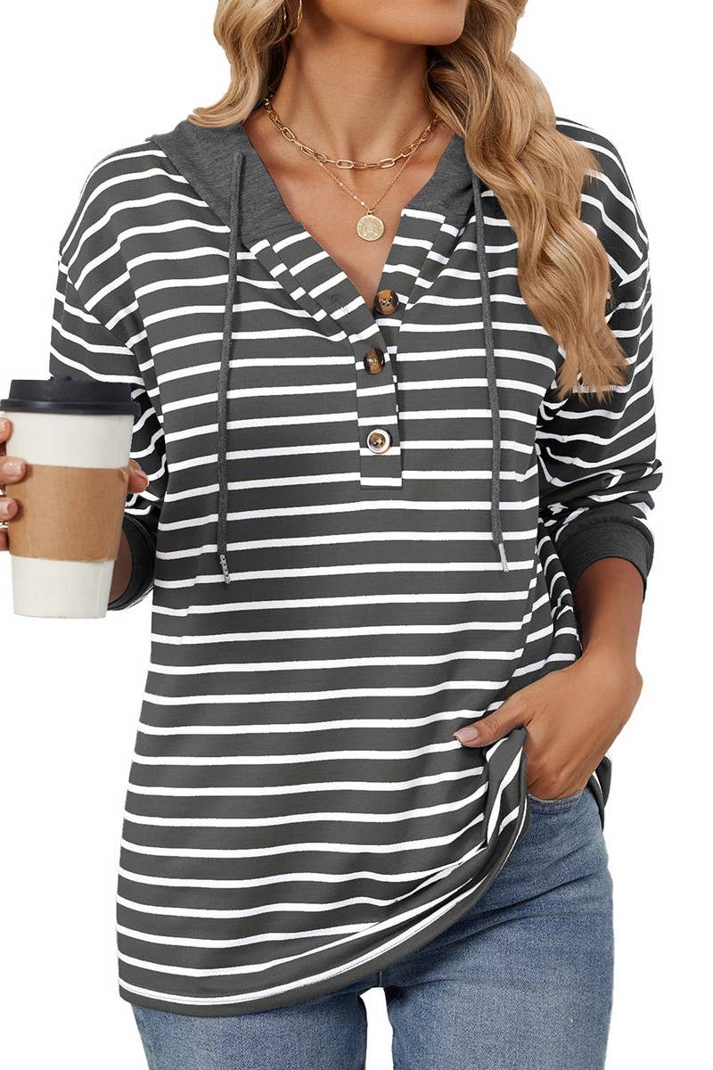 CWOHOL0719_HOODED BUTTON DRAWSTRING LONG SLEEVE SWEATSHIRT