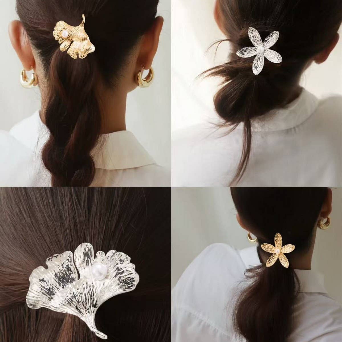 Metal Ginkgo Leaf Hair Tie with Pearl Accent