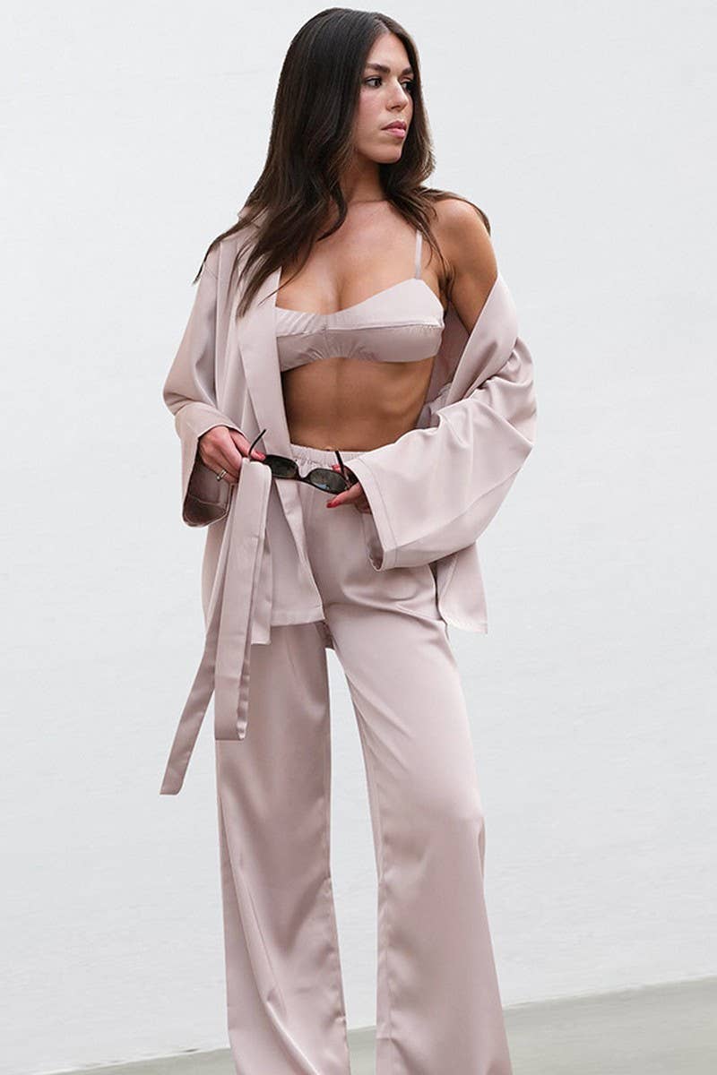 CWSPJ0267_SOLID COLOR SATIN HOME WEAR THREE PIECE SET