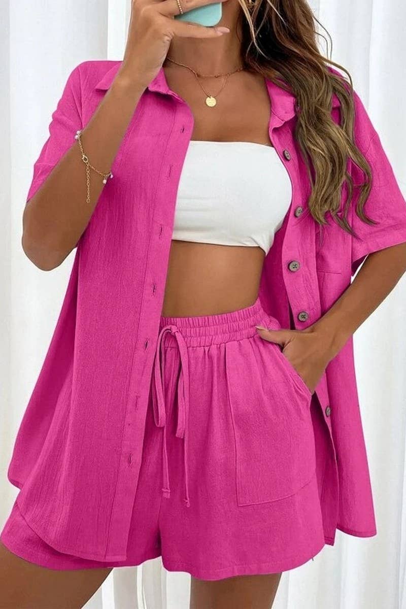CWSS01309_FASHION SHORTS TWO PIECE SOLID COLOR SHIRT SET