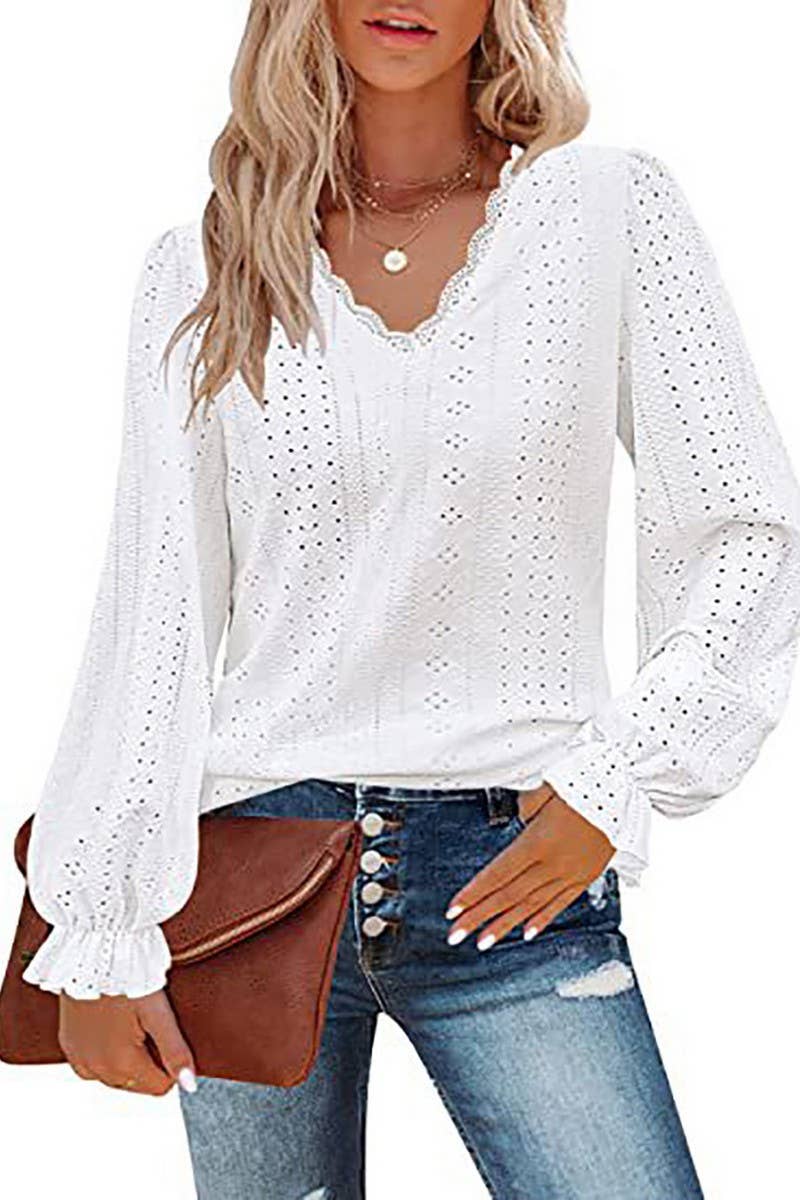 CWTBLL1046_V-NECK SOLID COLOR HOLLOW CASUAL LONG-SLEEVED TOP