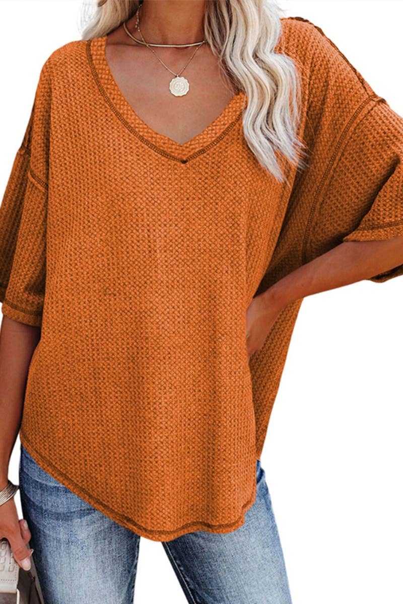 CWOSWS0099_KNIT V-NECK BAT-SLEEVED LOOSE MID-SLEEVED TOP