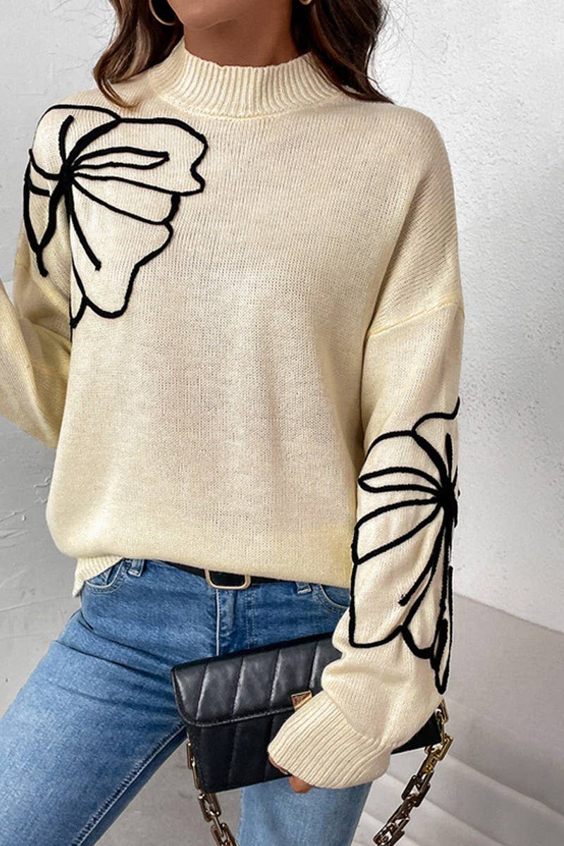 CWOSWL6836_AUTUMN WOMEN'S HALF TURTLENECK FLORAL SWEATER